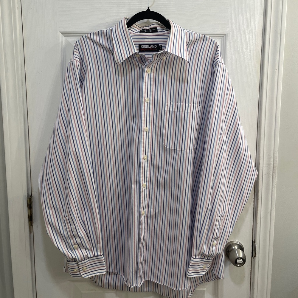 Kirkland Signature Blue, Pink,& White Dress Shirt w/ Classic Stripes Size 17/35